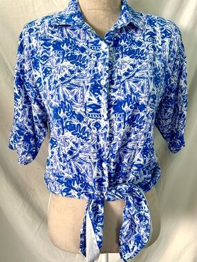 Vintage 80s California Mini White, Blue, Purple Abstract Tie Front Top, Size M